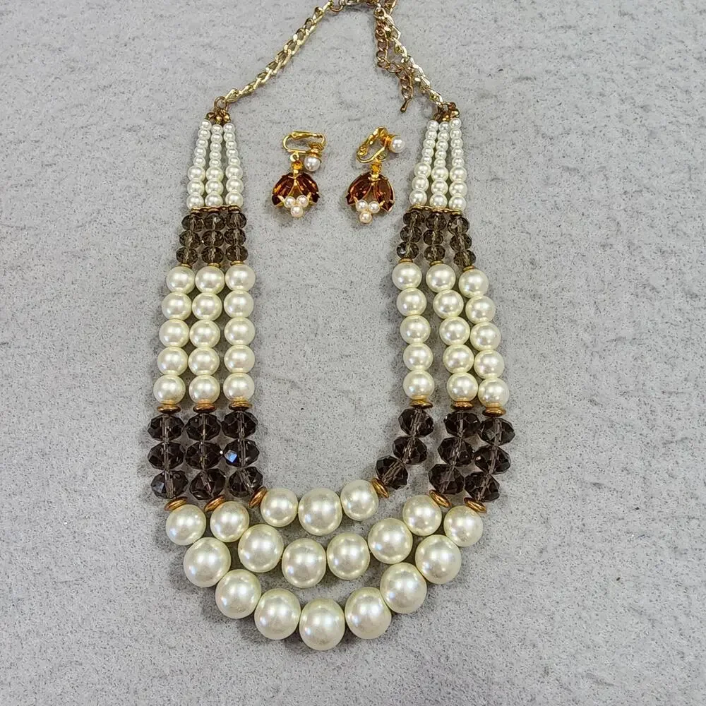 Crystal Necklace Clip-On Earrings Kenneth Jay Lane Three Strand Faux Pearl Brown